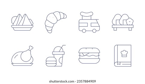 Food icons. editable stroke. Containing croissant, fast food, food truck, hamburger, samosa, turkey, onigiri, recipe book.