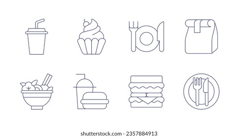 Food icons. editable stroke. Containing cupcake, fast food, food, hamburguer, soda, paper bag, restaurant, salad.