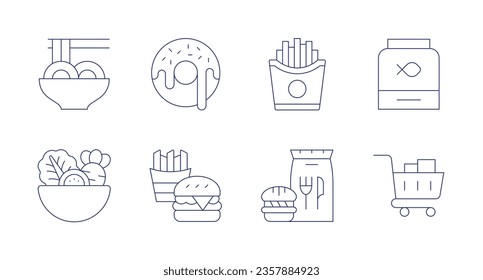 Food icons. editable stroke. Containing donut, fast food, french fries, shopping cart, pet food, salad, yakisoba, take away.