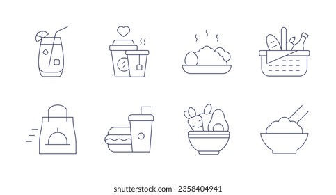 Food icons. editable stroke. Containing cocktail, drinks, fast delivery, fast food, fried rice, healthy food, picnic, rice bowl.