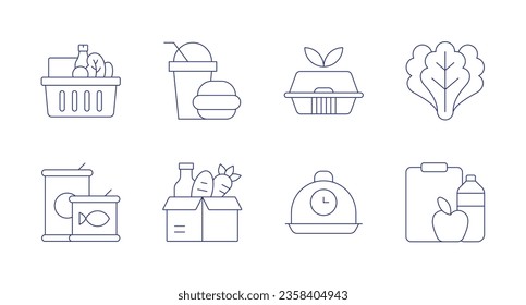 Food icons. editable stroke. Containing basket, canned food, fast food, food box, donation, tray, lettuce, nutrition.