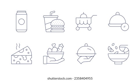 Food icons. editable stroke. Containing beer, cheese, fast, food cart, food donation, tray, tom yum, lunch time.