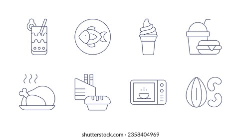 Food icons. editable stroke. Containing bubble tea, chicken, fish, food industry, ice cream, meal, microwave oven, nuts.