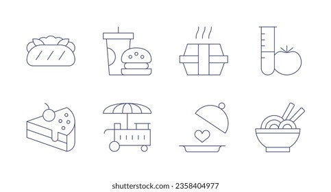 Food icons. editable stroke. Containing banh mi, cake, fast food, food cart, tray, laboratory, noodles.