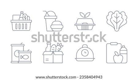 Food icons. editable stroke. Containing basket, canned food, fast food, food box, donation, tray, lettuce, nutrition.