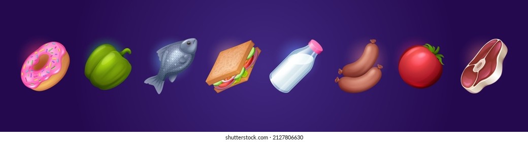 Food icons, fish, meat, milk in bottle, sandwich with vegetables, donut, tomato, sausage and pepper. Vector cartoon set of food symbols for menu, kitchen or market