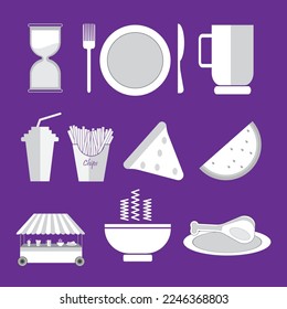 Food Icons Fork Plate Cup Juice Chips pack Pizza watermelon Soup bowl chicken 