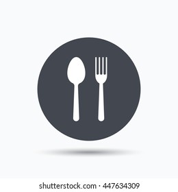 Food icons. Fork and spoon signs. Cutlery symbol. Flat web button with icon on white background. Gray round pressbutton with shadow. Vector