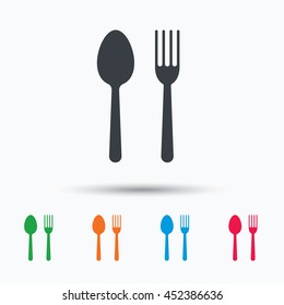Food icons. Fork and spoon signs. Cutlery symbol. Colored flat web icon on white background. Vector