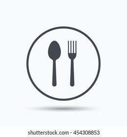 Food icons. Fork and spoon signs. Cutlery symbol. Circle button with flat web icon on white background. Vector