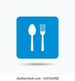 Food icons. Fork and spoon signs. Cutlery symbol. Blue square button with flat web icon. Vector