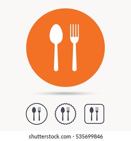 Food icons. Fork and spoon signs. Cutlery symbol. Orange circle button with web icon. Star and square design. Vector