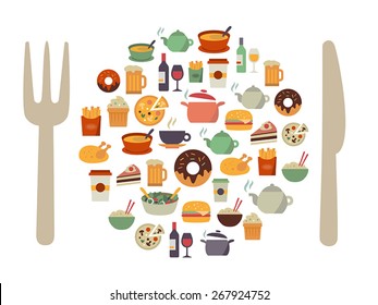 Food icons in form of a plate with cutlery. Modern, flat design style.