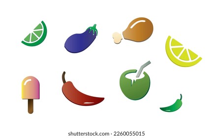 food icons in gradient colors - egg-plant, coconut-water, lemon, pepper, ice-cream, chicken-fry