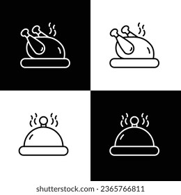 Food icons. Grill chicken, Hot food tray. Line with editable stroke