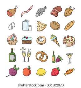 Food icons hand drawn: meat, milk, vine, sweets, bread, vegetable, fruit, cake, eggs