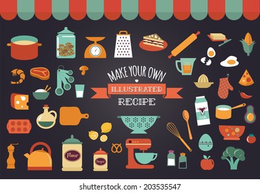 Food icons and illustrations - vector collection. Make your own illustrated recipe card