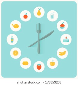 Food Icons Infographic Clock. Flat Design. Fitness, Diet and Calorie Counter Concept