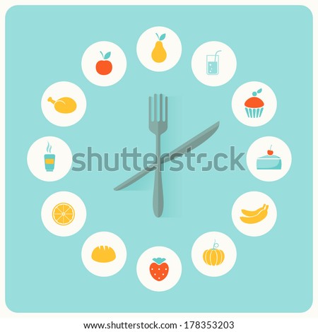 Food Icons Infographic Clock. Flat Design. Fitness, Diet and Calorie Counter Concept