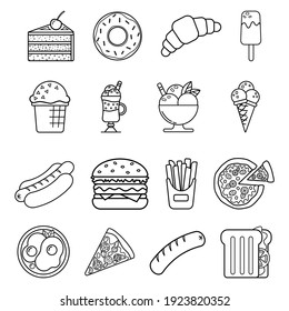 Food icons isolated on white background. Set of simple icons of fast food, street food. Black and white template for cafes, restaurants. Concept of breakfasts, desserts, snacks. Vector illustration