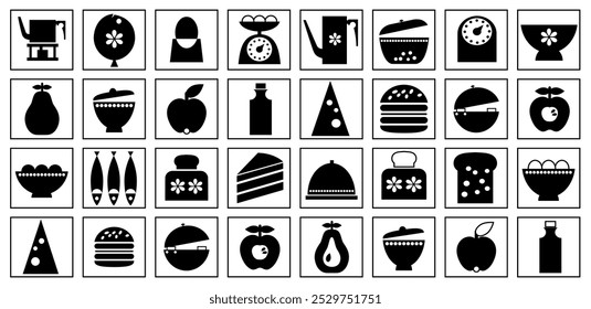 Food icons with kitchen tool and food theme in geometric minimalistic style. Illustration for cover design, food package, menu, background, cafe wall, coffee shop, banners.