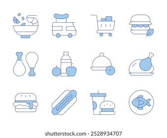 Food icons. Line Duotone style, editable stroke. tom yum, lunch time, turkey, shopping cart, hot dog, fried chicken, feeding, fish, food truck, burger, fast food.