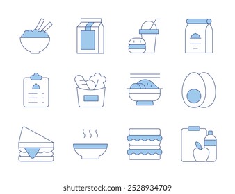 Food icons. Line Duotone style, editable stroke. sandwich, tzatziki, menu, rice, nutrition, hot, food pack, package, hamburguer, egg, groceries, fast.