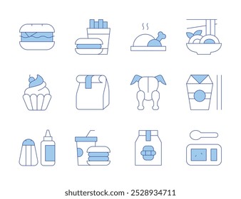 Iconos de comida. Línea estilo Duotone, editable stroke. sal, pollo asado, comida japonesa, bolsa de papel, paquete de alimentos, hamburguesa, rápido, bandeja, pollo, cupcake, yakisoba.