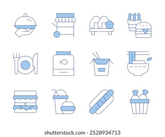 Food icons. Line Duotone style, editable stroke. pet, pho, onigiri, food tray, food stall, food, hamburguer, fast, chinese, chicken bucket.