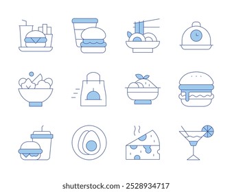 Iconos de comida. Línea estilo Duotone, editable stroke. huevos, entrega rápida, tzatziki, ensalada, comida chatarra, bandeja de comida, hamburguesa, comida rápida, cóctel, queso, pad thai.