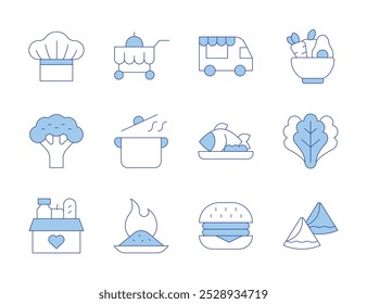 Iconos de comida. Línea estilo Duotone, carrera editable. cocina, samosa, comida picante, lechuga, Carrito, saludable, pescado, camión, donación, brócoli, hamburguesa, chef.