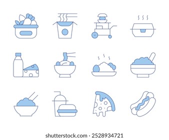 Food icons. Line Duotone style, editable stroke. baby food, kimchi, noodles, milk, pizza, rice bowl, hot dog, hot food, stall, fried rice, healthy, fast.