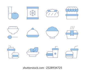 Food icons. Line Duotone style, editable stroke. baby food, fast, salad, kimchi, laboratory, junk, food box, stand, frozen, tray, banh mi.