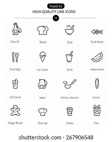 Food Icons Line Series: line food icons including coffee, soup and healthy food