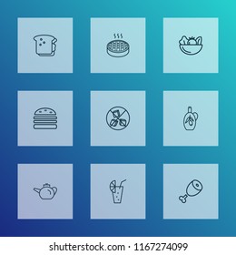 Food icons line style set with apple pie, glass of oil, meat and other kettle elements. Isolated vector illustration food icons.