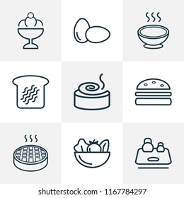 Food icons line style set with eggs, soup, toast bread and other healthy food elements. Isolated vector illustration food icons.