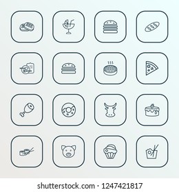 Food icons line style set with burger, donut, pizza slice and other pork elements. Isolated vector illustration food icons.