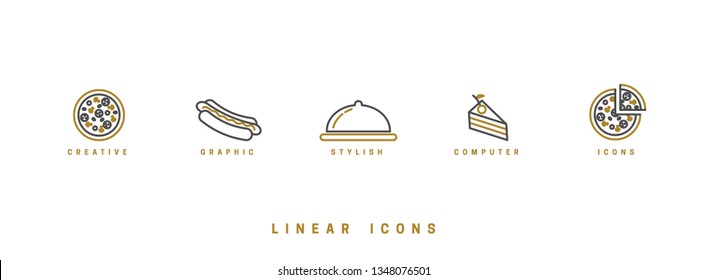 Food icons in linear style. icon pizza, hot dog, dessert dish vector graphic.