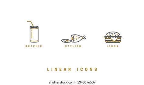 Food icons in linear style. icon burger, meat dish, soda drink vector graphic.