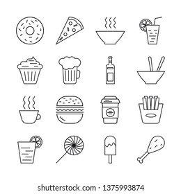 Food icons in linear style. Vector illustration with meals, coffee mugs, soup plate, a cup of tea. Outline pictograms suitable for restaurant and bar banners. 