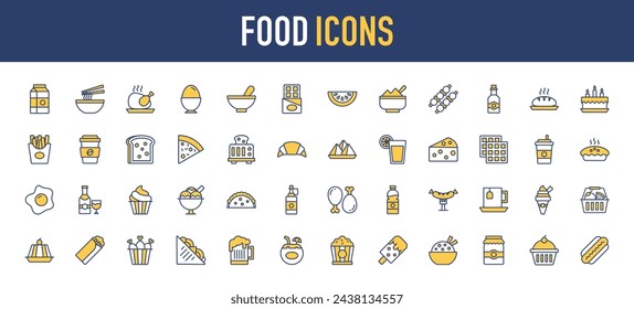 Food Icons. Meat, milk, seafood, pasta, soup, bread, egg, cake, sweets, fruits, vegetables, drinks, nutrition, pizza, fish, sauce, cheese, butter, pie, nuts, snacks Vector icon illustration.