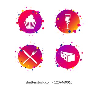 Food icons. Muffin cupcake symbol. Fork and knife sign. Glass of champagne or wine. Slice of cheese. Gradient circle buttons with icons. Random dots design. Food vector