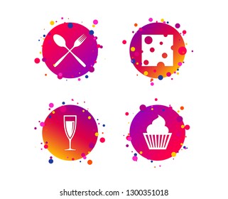 Food icons. Muffin cupcake symbol. Fork and spoon sign. Glass of champagne or wine. Slice of cheese. Gradient circle buttons with icons. Random dots design. Vector