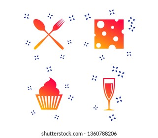 Food icons. Muffin cupcake symbol. Fork and spoon sign. Glass of champagne or wine. Slice of cheese. Random dynamic shapes. Gradient muffin icon. Vector