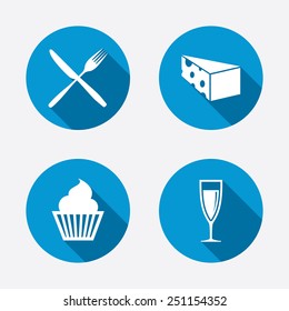 Food icons. Muffin cupcake symbol. Fork and knife sign. Glass of champagne or wine. Slice of cheese. Circle concept web buttons. Vector