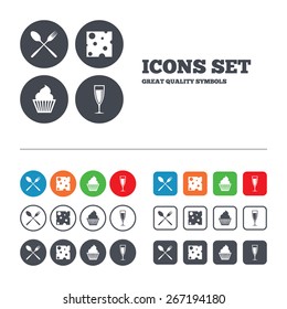 Food icons. Muffin cupcake symbol. Fork and spoon sign. Glass of champagne or wine. Slice of cheese. Web buttons set. Circles and squares templates. Vector