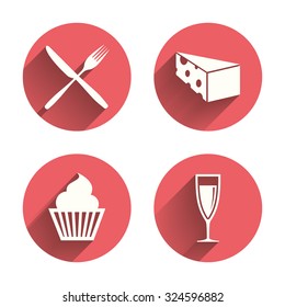 Food icons. Muffin cupcake symbol. Fork and knife sign. Glass of champagne or wine. Slice of cheese. Pink circles flat buttons with shadow. Vector