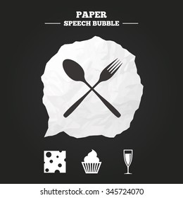 Food icons. Muffin cupcake symbol. Fork and spoon sign. Glass of champagne or wine. Slice of cheese. Paper speech bubble with icon.