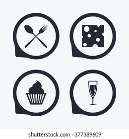 Food icons. Muffin cupcake symbol. Fork and spoon sign. Glass of champagne or wine. Slice of cheese. Flat icon pointers.
