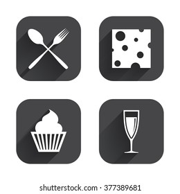 Food icons. Muffin cupcake symbol. Fork and spoon sign. Glass of champagne or wine. Slice of cheese. Square flat buttons with long shadow.